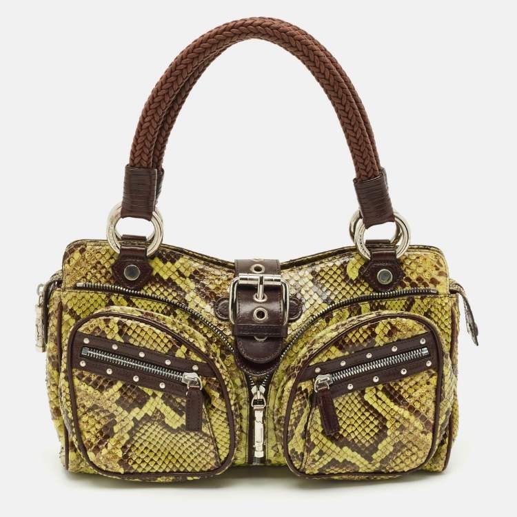 Pre Owned Versace Green Leather and Python Multiple Pocket Satchel