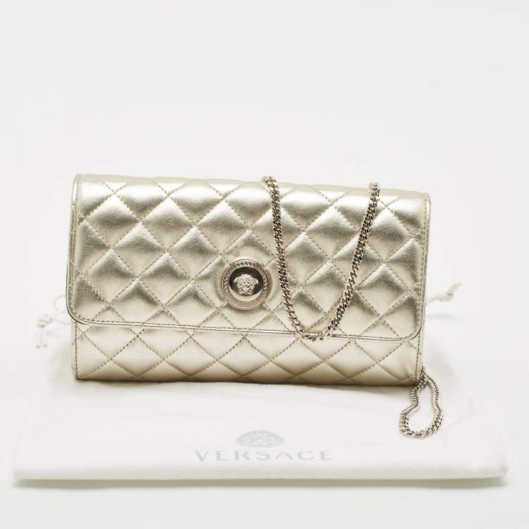Pre Owned Versace Pale Gold Quilted Leather Medusa Chain Clutch