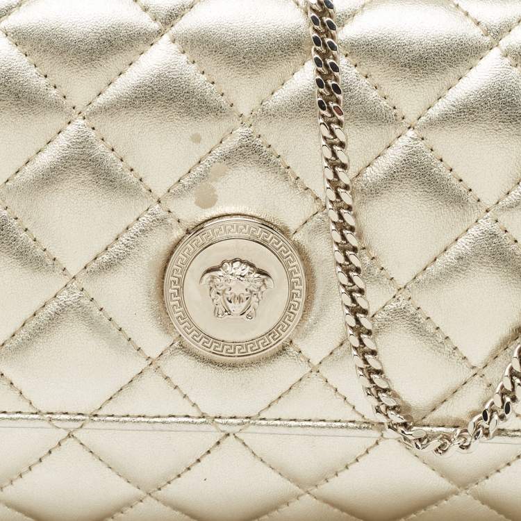 Pre Owned Versace Pale Gold Quilted Leather Medusa Chain Clutch
