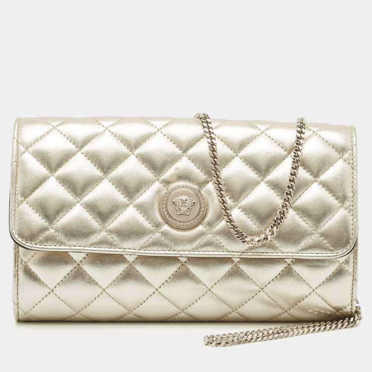 Pre Owned Versace Pale Gold Quilted Leather Medusa Chain Clutch