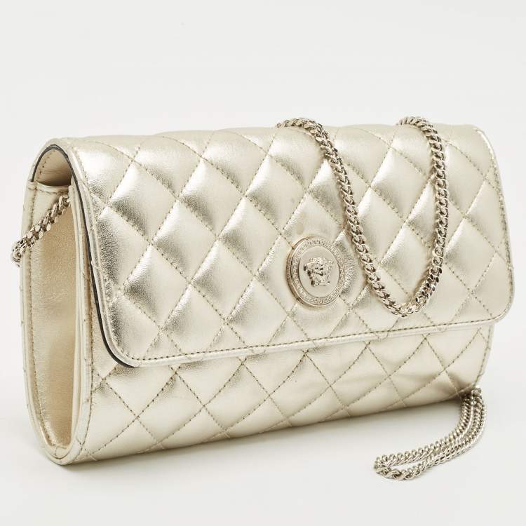 Pre Owned Versace Pale Gold Quilted Leather Medusa Chain Clutch