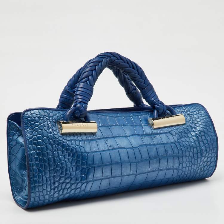 Pre Owned Versace Metallic Blue Croc Embossed Leather Frame Satchel