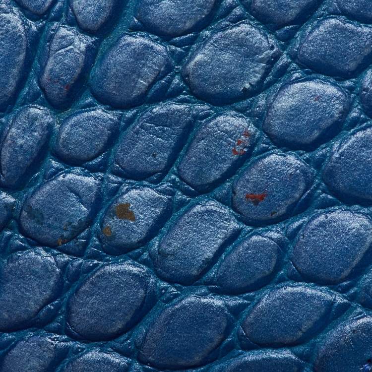 Pre Owned Versace Metallic Blue Croc Embossed Leather Frame Satchel