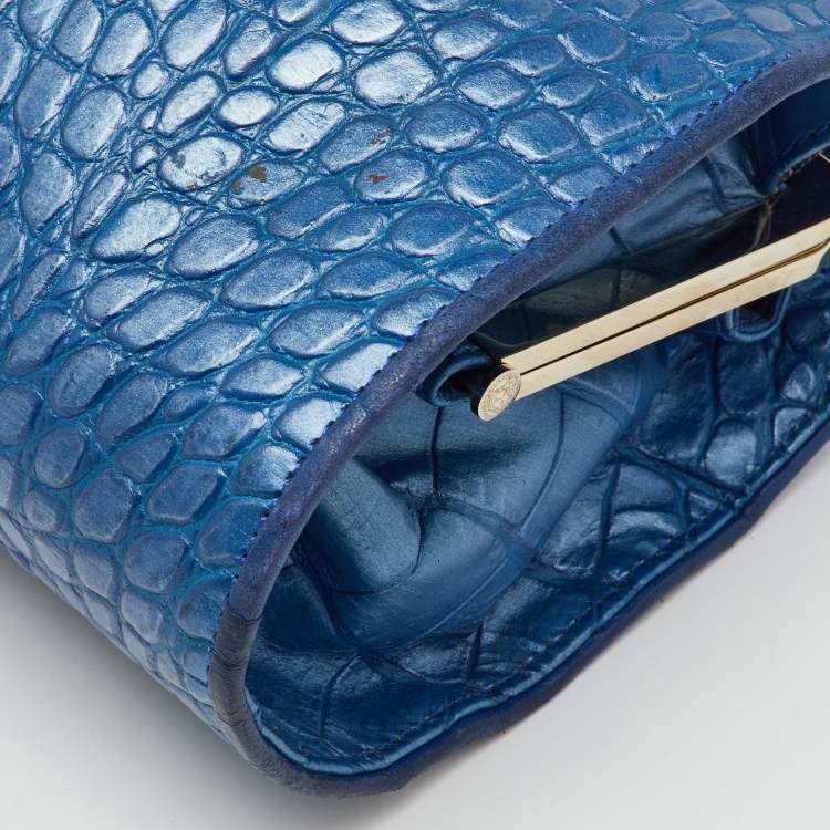 Pre Owned Versace Metallic Blue Croc Embossed Leather Frame Satchel