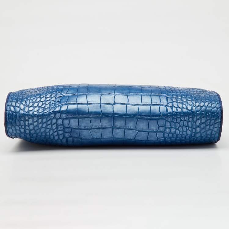 Pre Owned Versace Metallic Blue Croc Embossed Leather Frame Satchel