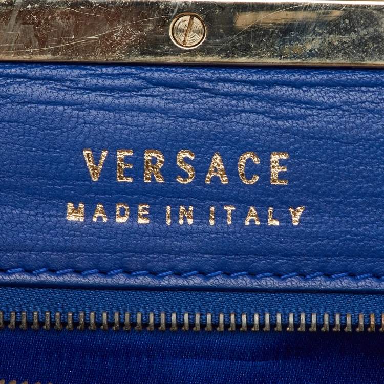 Pre Owned Versace Metallic Blue Croc Embossed Leather Frame Satchel