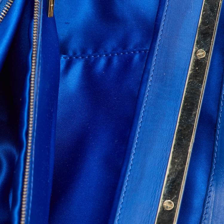 Pre Owned Versace Metallic Blue Croc Embossed Leather Frame Satchel