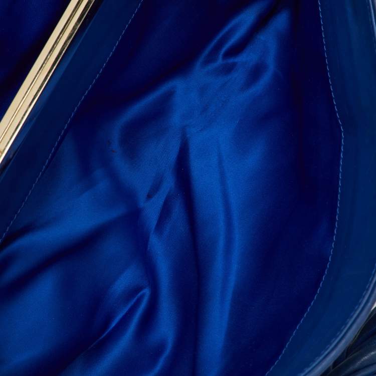Pre Owned Versace Metallic Blue Croc Embossed Leather Frame Satchel