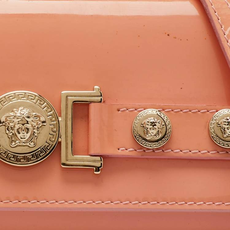 Pre Owned Versace Coral Pink Patent Leather Medusa Flap Continental Wallet On Strap