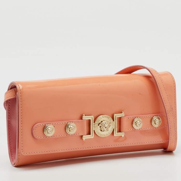 Pre Owned Versace Coral Pink Patent Leather Medusa Flap Continental Wallet On Strap