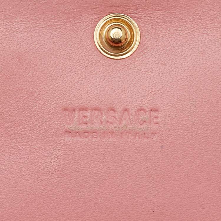 Pre Owned Versace Coral Pink Patent Leather Medusa Flap Continental Wallet On Strap