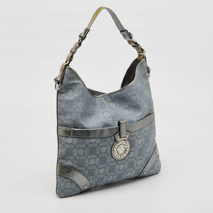 Pre Owned Versace Metallic Silver/Grey Signature Canvas and Leather Medusa Trim Shoulder Bag