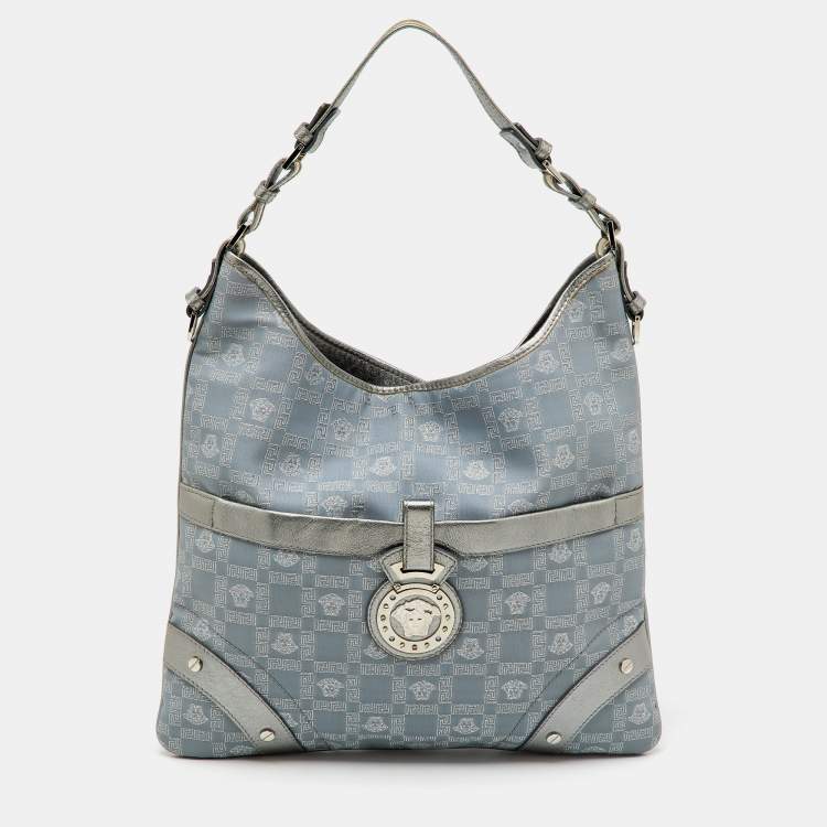 Pre Owned Versace Metallic Silver/Grey Signature Canvas and Leather Medusa Trim Shoulder Bag