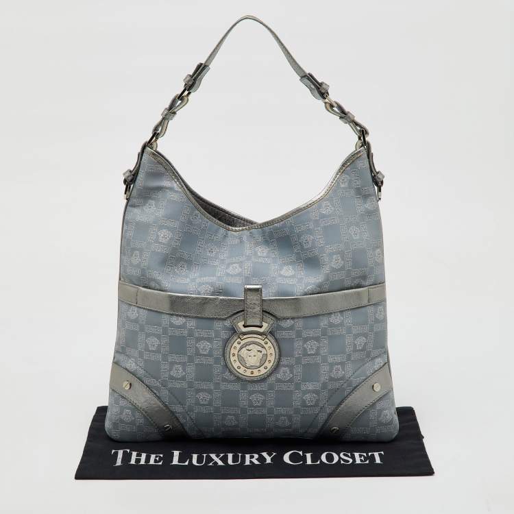 Pre Owned Versace Metallic Silver/Grey Signature Canvas and Leather Medusa Trim Shoulder Bag