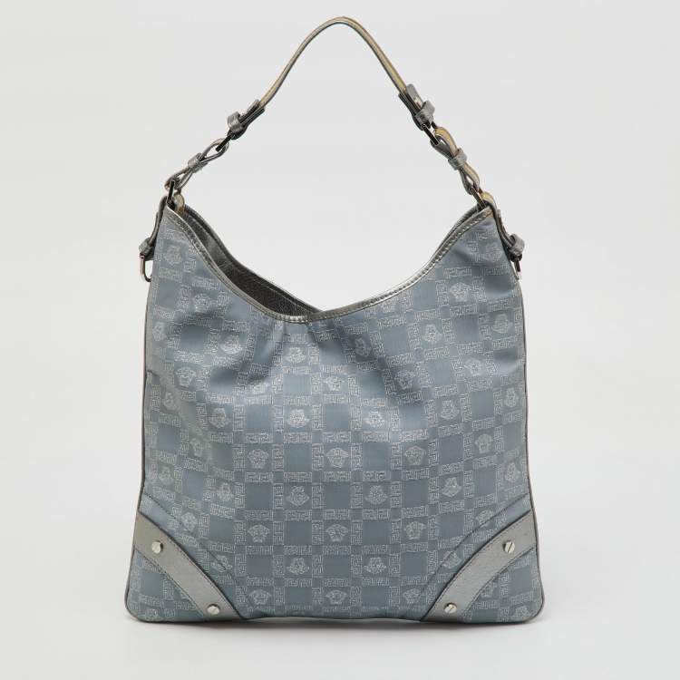Pre Owned Versace Metallic Silver/Grey Signature Canvas and Leather Medusa Trim Shoulder Bag