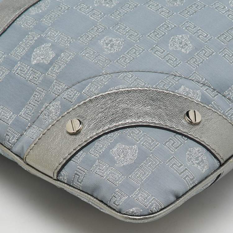 Pre Owned Versace Metallic Silver/Grey Signature Canvas and Leather Medusa Trim Shoulder Bag