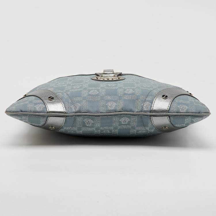 Pre Owned Versace Metallic Silver/Grey Signature Canvas and Leather Medusa Trim Shoulder Bag