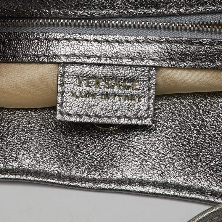 Pre Owned Versace Metallic Silver/Grey Signature Canvas and Leather Medusa Trim Shoulder Bag