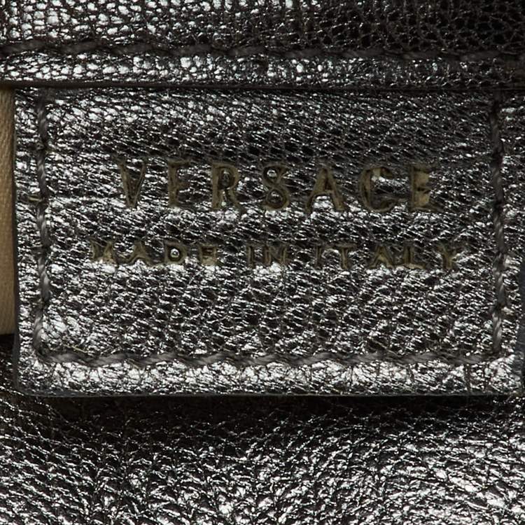 Pre Owned Versace Metallic Silver/Grey Signature Canvas and Leather Medusa Trim Shoulder Bag