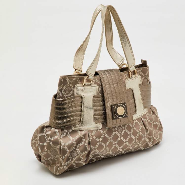 Pre Owned Versace Metallic Grey Signature Canvas and Leather Satchel
