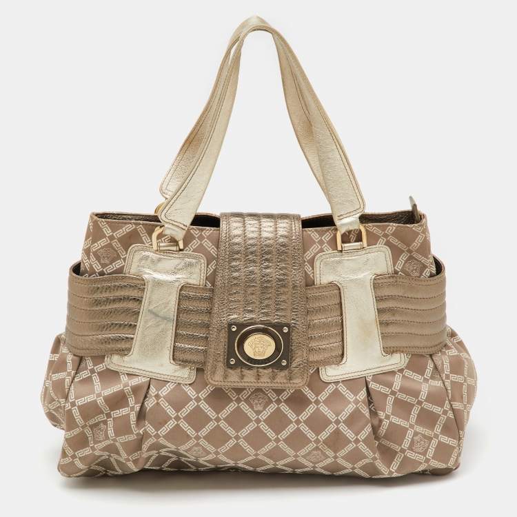Pre Owned Versace Metallic Grey Signature Canvas and Leather Satchel