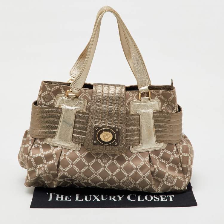 Pre Owned Versace Metallic Grey Signature Canvas and Leather Satchel