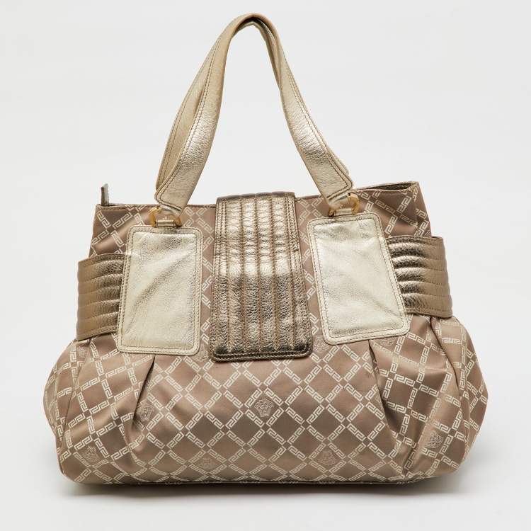 Pre Owned Versace Metallic Grey Signature Canvas and Leather Satchel