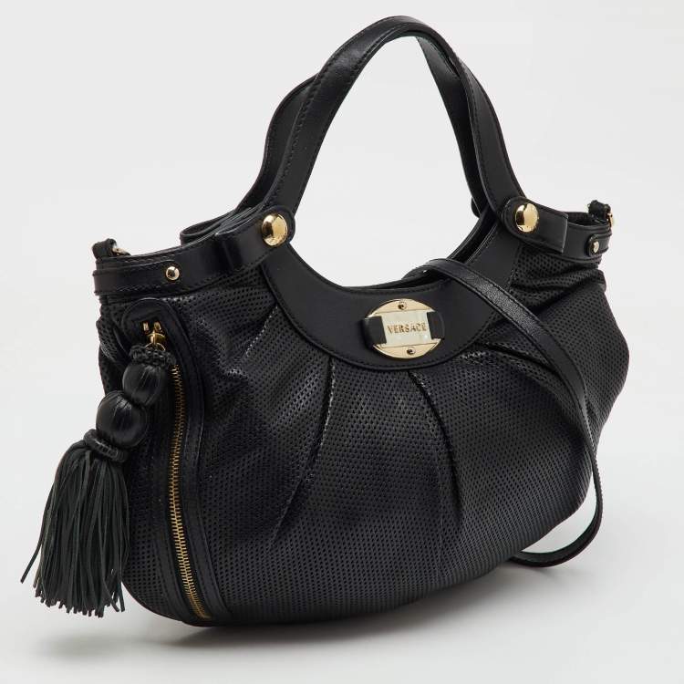 Pre Owned Versace Black Perforated Leather Tassel Shoulder Bag