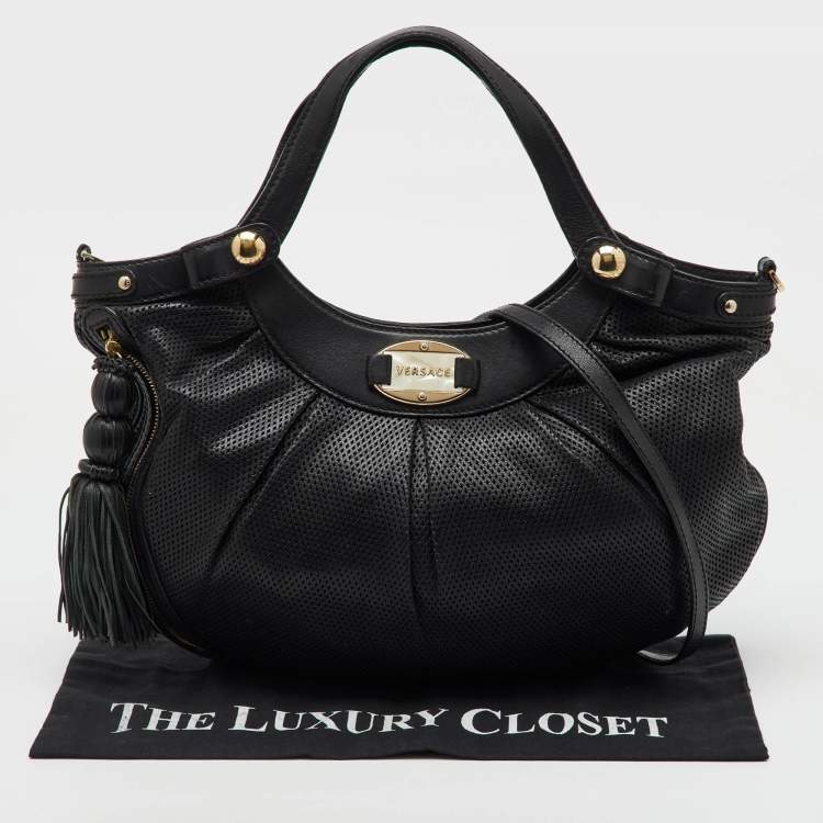 Pre Owned Versace Black Perforated Leather Tassel Shoulder Bag