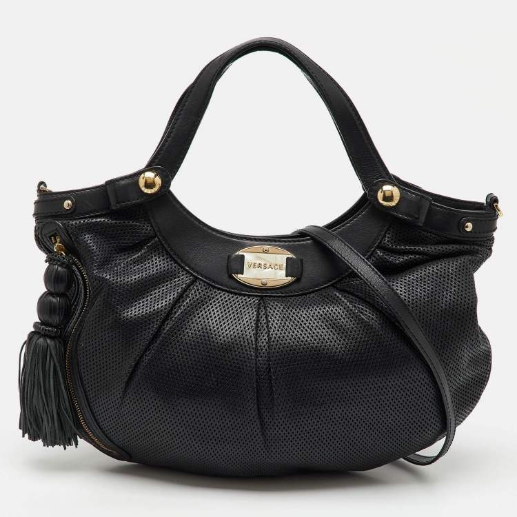 Pre Owned Versace Black Perforated Leather Tassel Shoulder Bag