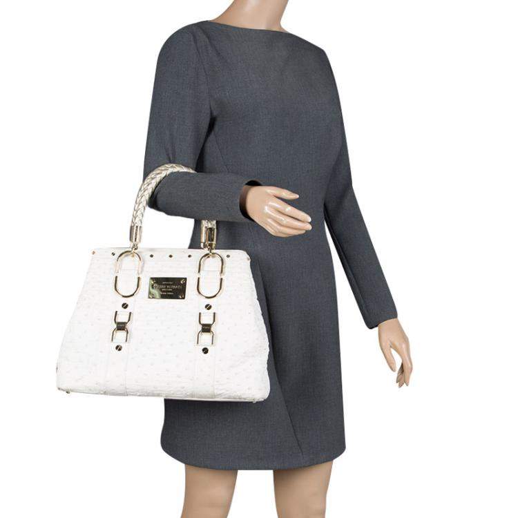Pre Owned Versace White Ostrich Leather Snap Out Of It Tote