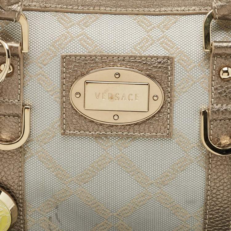 Pre Owned Versace Grey/Metallic Beige Jacquard Canvas and Leather Satchel