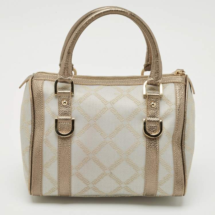 Pre Owned Versace Grey/Metallic Beige Jacquard Canvas and Leather Satchel