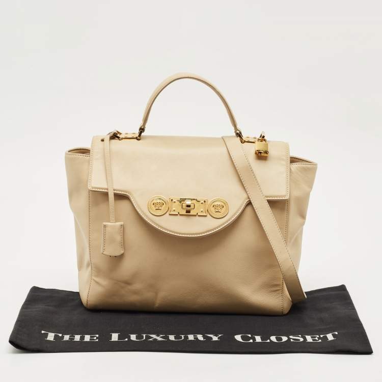 Pre Owned Versace Cream Leather Medusa Top Handle Bag