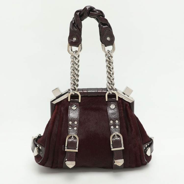 Pre Owned Versace Burgundy Calf Hair and Patent Leather Madonna Satchel