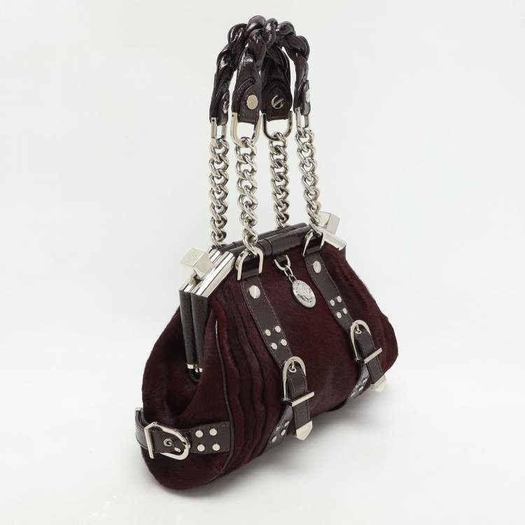 Pre Owned Versace Burgundy Calf Hair and Patent Leather Madonna Satchel