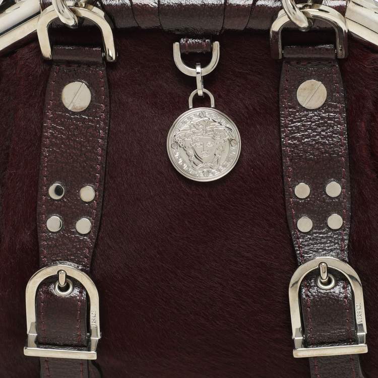 Pre Owned Versace Burgundy Calf Hair and Patent Leather Madonna Satchel