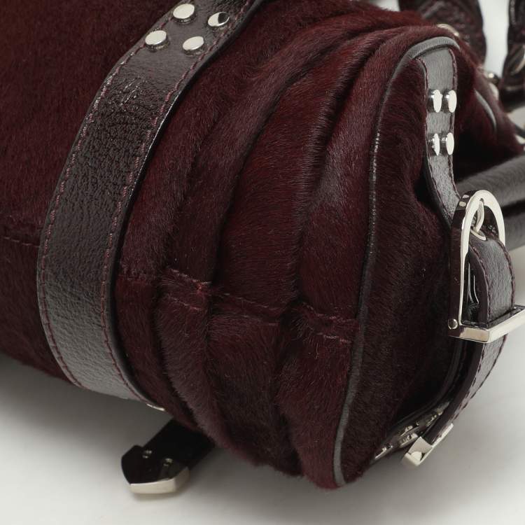 Pre Owned Versace Burgundy Calf Hair and Patent Leather Madonna Satchel