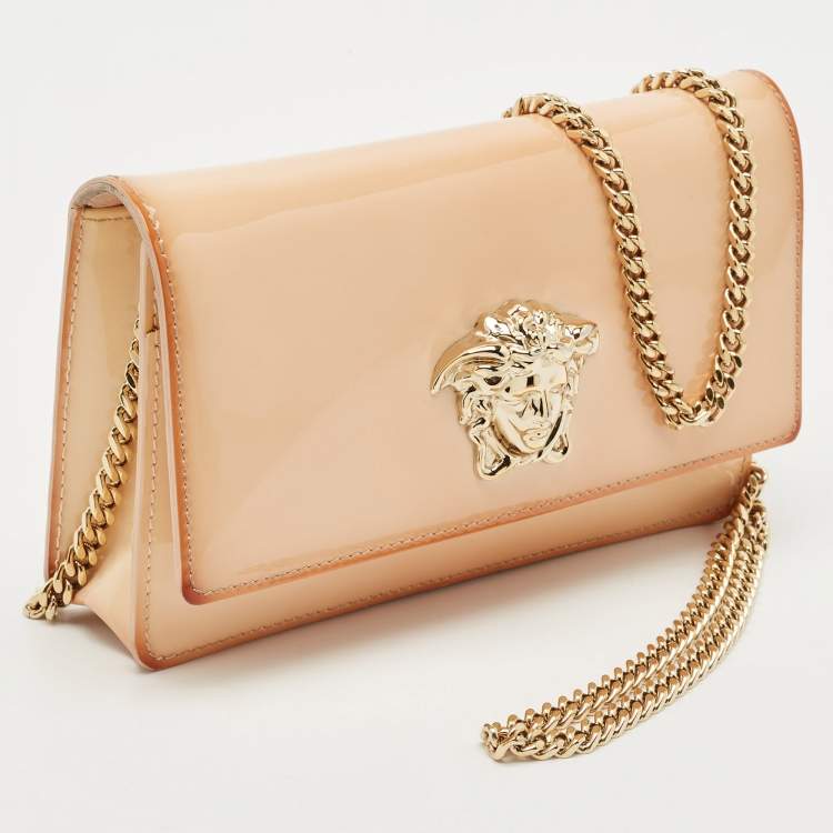 Pre Owned Versace Peach Patent Leather Medusa Chain Shoulder Bag