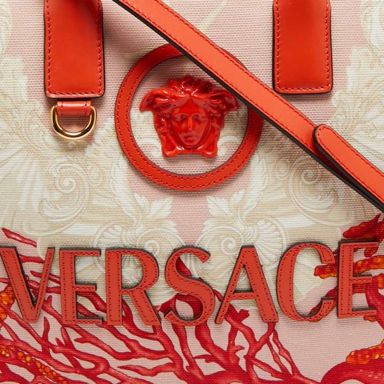 Pre Owned Versace Coral Underwater Barocco Canvas and Leather Small La Medusa Tote