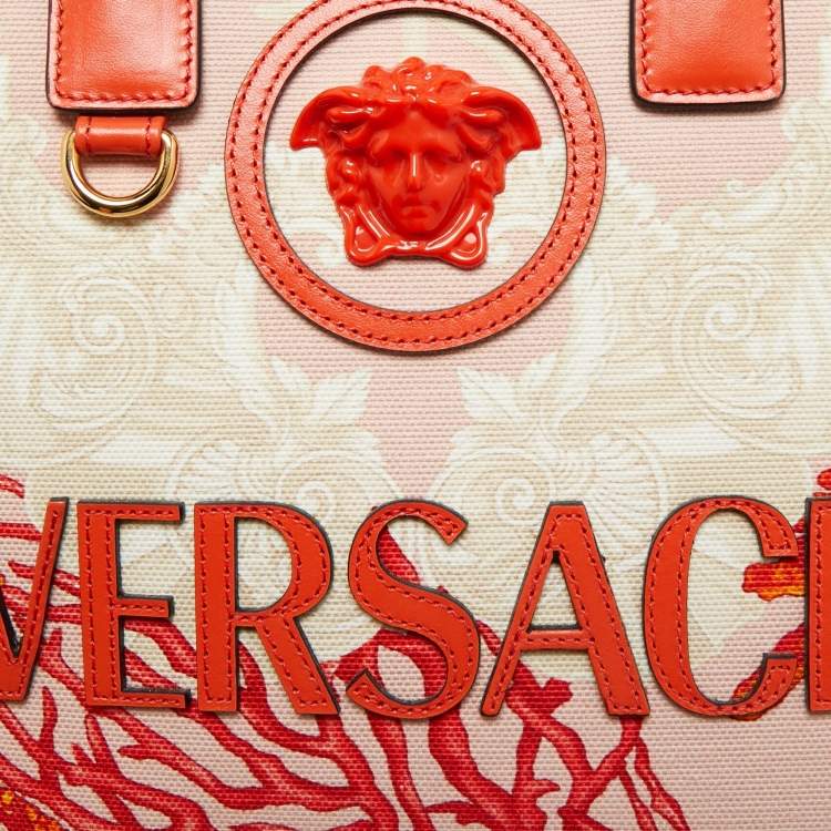 Pre Owned Versace Coral Underwater Barocco Canvas and Leather Small La Medusa Tote