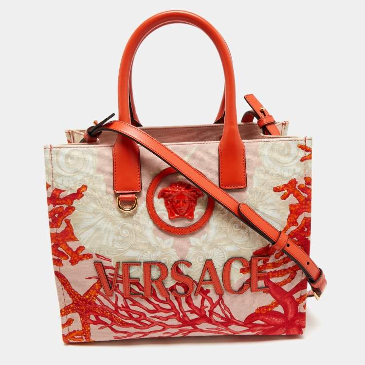 Pre Owned Versace Coral Underwater Barocco Canvas and Leather Small La Medusa Tote