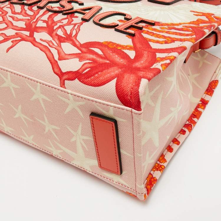 Pre Owned Versace Coral Underwater Barocco Canvas and Leather Small La Medusa Tote
