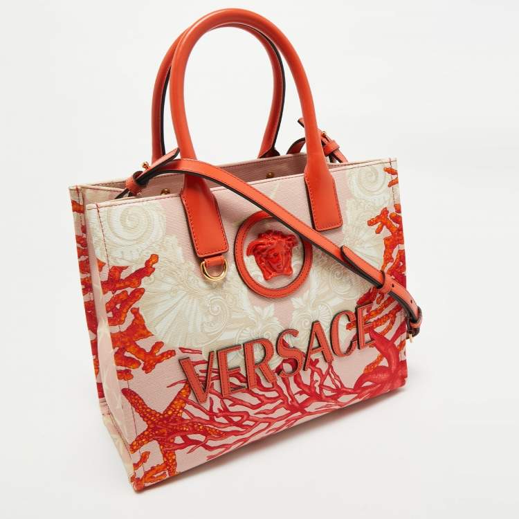Pre Owned Versace Coral Underwater Barocco Canvas and Leather Small La Medusa Tote