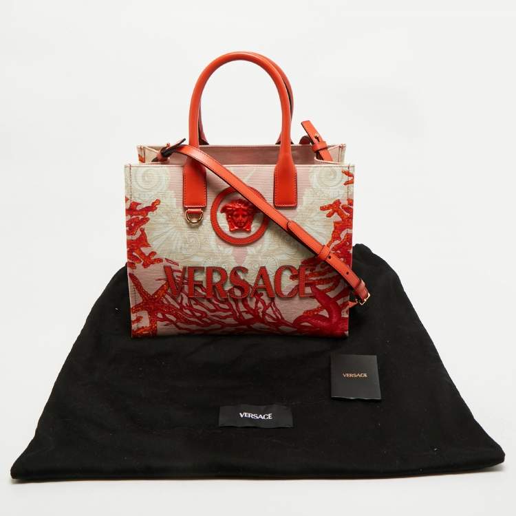 Pre Owned Versace Coral Underwater Barocco Canvas and Leather Small La Medusa Tote