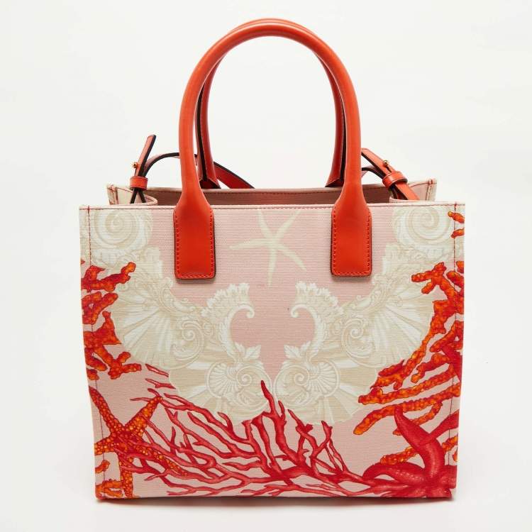 Pre Owned Versace Coral Underwater Barocco Canvas and Leather Small La Medusa Tote