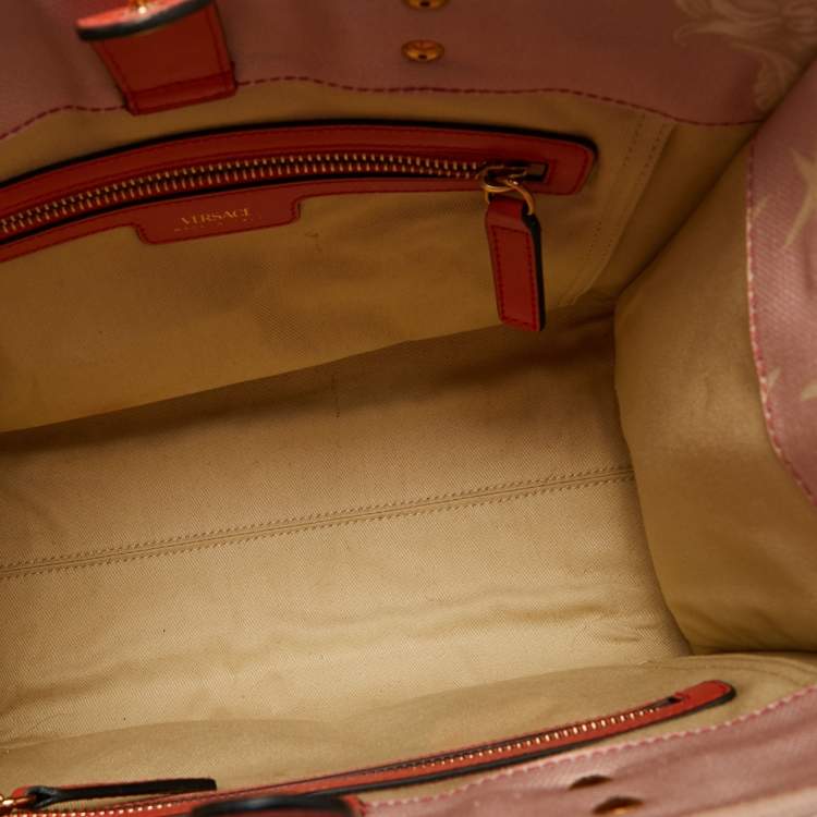 Pre Owned Versace Coral Underwater Barocco Canvas and Leather Small La Medusa Tote