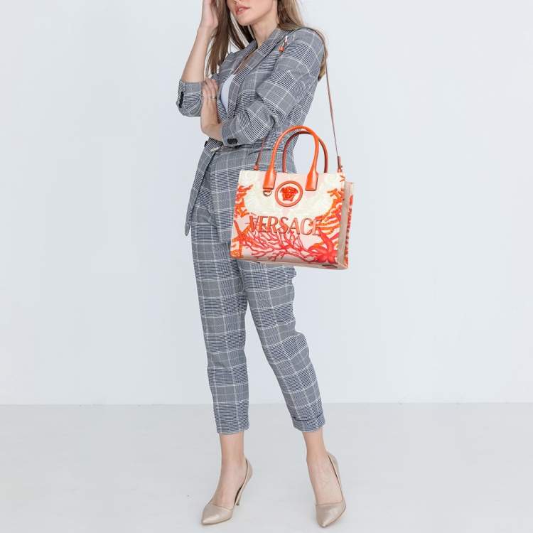 Pre Owned Versace Coral Underwater Barocco Canvas and Leather Small La Medusa Tote