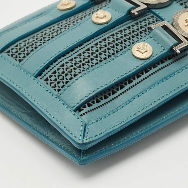 Pre Owned Versace Stone Blue Leather Medusa Wristlet Pouch
