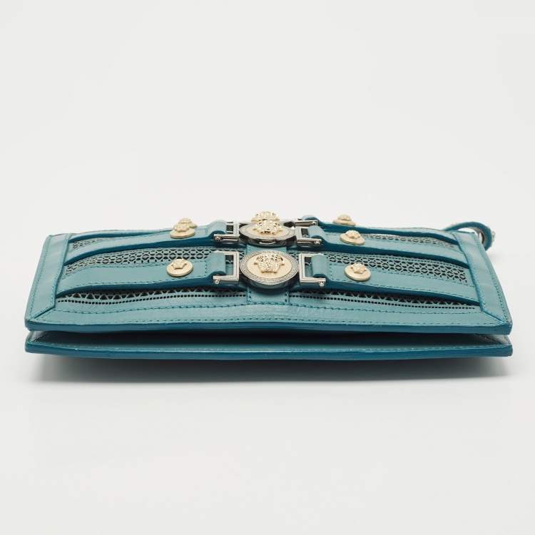 Pre Owned Versace Stone Blue Leather Medusa Wristlet Pouch